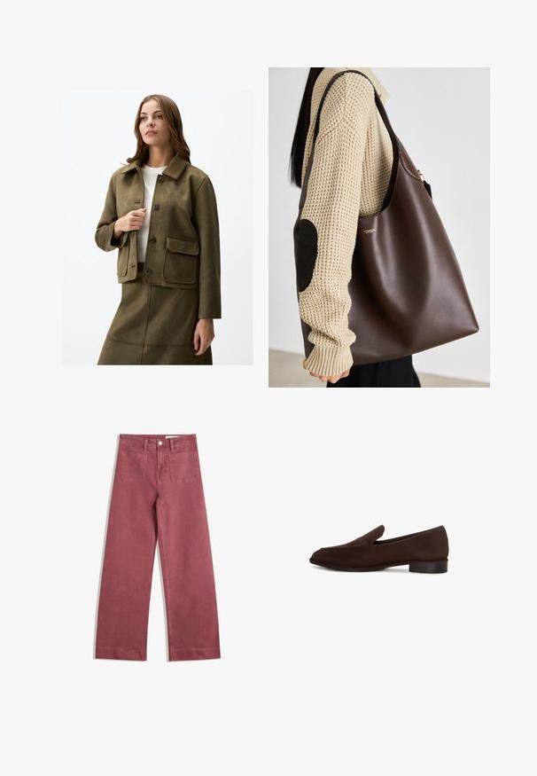 Olivegrünes, samtartiges, tailliertes Kurzjackett mit Kragen, vier Knöpfen und zwei vorderen Taschen. Eine glatte Textur und passformbetonender Schnitt sind hervorstechende Merkmale.; Weißes Baumwoll-T-Shirt mit kurzen Ärmeln und einem runden Ausschnitt. Verfügt über ein pinkes Etikett am inneren Hals. Glatte Textur.; Weite Hosen in einem gedämpften Rosaton. Hergestellt aus robuster Stoff, mit zwei Gesäßtaschen, Knopfverschluss und Gürtelschlaufen.; Brauner Slipper mit glatter Oberfläche, elongated Form, niedrigem Blockabsatz und minimalistischen Design. Keine sichtbaren Muster oder Verzierungen.; Braune Leder-Umhängetasche mit geräumigem Design. Verfügt über eine glatte Textur und ein dezentes Goldenes Logo. Kombiniert mit einem cremefarbenen Strickpullover.