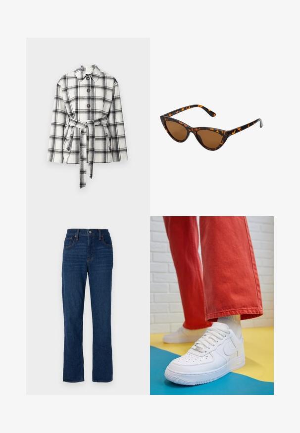 Črno-bele tartan jakne s ovratnikom, sprednjimi gumbi in pasom, ki ima mehak teksturo tkanine.; Gina Tricot Majica z dolgimi rokavi - turtledove; Temno modri traperje ravnega kroja z obliko petih žepov, oranžnim šivanjem in z gumbom za zapiranje v pasu.; Beli usnjeni športni čevlji s perforiranim prstnim delom, teksturiranim podplatom in belimi vezalkami, v kombinaciji s širokimi rdečimi hlačami in modro-rumeno ozadje.; Mačje oči sončna očala z okvirom v črno-oranžni želvej ohišji, rjavimi lečami in elegantnimi, ostrimi konicami. Imajo minimalistični logo na ročaju.