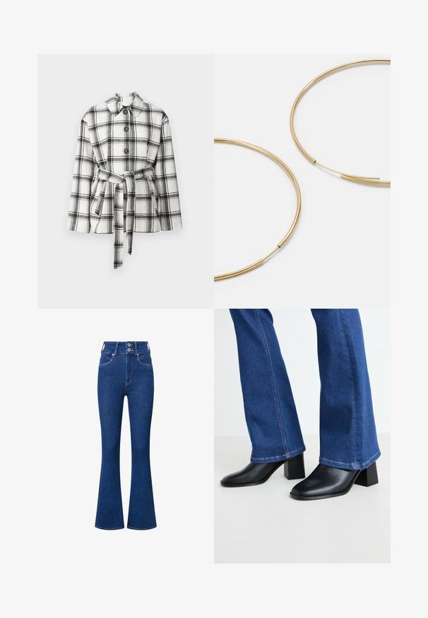 Sort-hvid rutet jakke med krave, frontknapper og bælte i taljen, der har en blød stofstruktur.; Limegrøn langærmet crop top med rund halsudskæring og asymmetrisk kant. Letvægts, ribbet struktur med dekorative syninger.; Højtaljede flared jeans i mørkeblåt denim. Har to-knaps lukning, forlommer og subtile syninger langs sømme.; Sorte læder ankelstøvler med firkantet tå og blokhæl, parret med blå denim flarebukser med kontraststing ved kanten.; Guldfarvede hoops øreringe, tynde og runde i formen, med en glat metallisk finish uden udsmykninger eller mønstre.