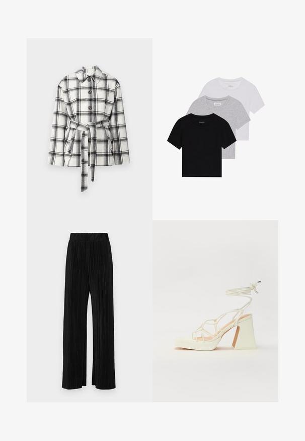 Svartvit rutig jacka med krage, framknappar och midjebälte, med en mjuk tygkänsla.; Set med tre kortärmade t-shirts i svart, grått och vitt. Tillverkade av bomull, med rund hals och en enkel, enfärgad design.; Svarta plisserade byxor med resårmidja. Har vida ben och ett mjukt, texturerat material med vertikala ränder.; Vit högklackad sandal med en kraftig klack, med ett remdesign och ankelband. Slät textur med en plattform framtill för ökad höjd.
