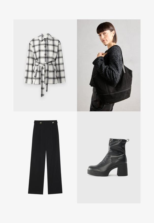 Fekete-fehér kockás dzseki galléros nyakkal, elülső gombokkal és övvel a deréknál, puha textúrával.; Barna, hosszú ujjú bordázott felső, kerek nyakkivágással. Simább, rugalmas anyagból készült, illeszkedő fazonú és minimális részletezéssel.; Fekete, bő szárú nadrág magas derékkal, gombos részletekkel a derékrészen és elülső pliszékkal.; Fekete bokacsizmák sima bőrből, oldalsó cipzárral, vastag, texturált sarkú és lekerekített orrú dizájnnal.; Fekete, velúr anyagú tote táska sima felülettel, strukturált formával és kontrasztos varrással. Hosszú pántjai lehetővé teszik a vállon való hordást.