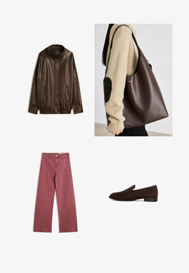 Giacca in pelle marrone con colletto alto, tasche laterali e bordo elasticizzato. Texture liscia con una finitura leggermente lucida.; T-shirt bianco in cotone con maniche corte e collo rotondo. Presenta un'etichetta rosa all'interno del collo. Texture liscia.; Pantaloni a gamba larga in un colore rosa tenue. Realizzati in un tessuto resistente, presentano due tasche posteriori, chiusura con bottone e passanti per la cintura.; Scarpa marrone slip-on con una texture liscia, forma allungata, tacco basso a blocco e design minimalista. Nessun motivo o decorazione visibile.; Borsa tote in pelle marrone con un design spazioso. Presenta una texture liscia e un logo dorato discreto. Abbinata a un maglione lavorato a maglia color crema.