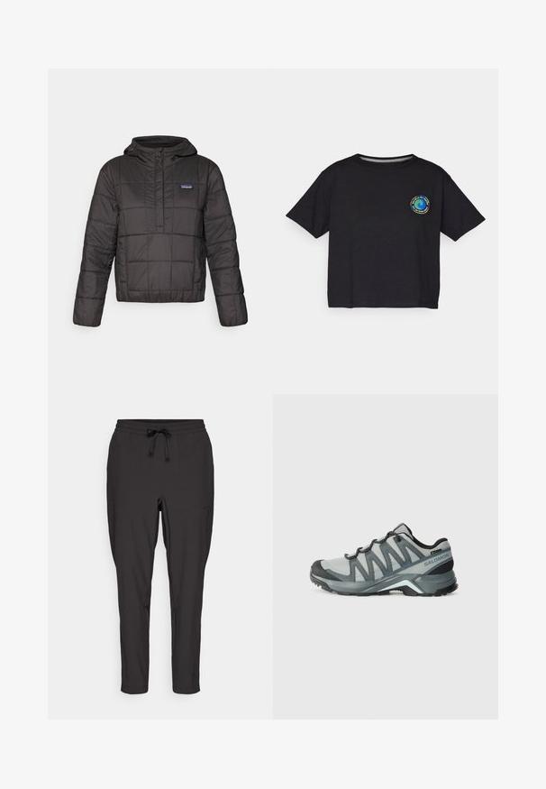 Black hooded puffer jacket with a quilted design, featuring a half-zip front and a small logo on the left chest. Smooth texture.; Black cotton short-sleeve T-shirt featuring a circular multicolored logo on the chest. Straight hem and relaxed fit.; Black jogger pants with an elastic waistband, drawstring detail, and side pockets. Made from a smooth, lightweight fabric.; Lightweight hiking shoes in gray mesh with dark accents. Features a textured outsole and a cushioned heel for comfort and grip.