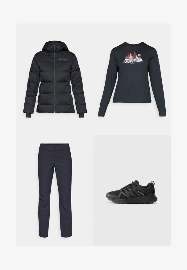 Mustreeritud must soe jope, millel on kapuuts, esi tõmblukk ja elastsed varrukad. Valmistatud vastupidavast kangast, mille pind on siledalt tekstureeritud.; Pikend varrukatega tumehall särk, millel on punaste puude ja mägede graafika; "COLUMBIA" logo julge valge tekstiga. Pehme kangas, tavaline ümmargune kaelus.; Tumedat sinised püksid sujuva kangaga, millel on esiääre nuppude sulgemine, kitsas lõige ja volditud detailid põlvede piirkonnas.; Columbia PEAKFREAK - Matkajalatsid - black