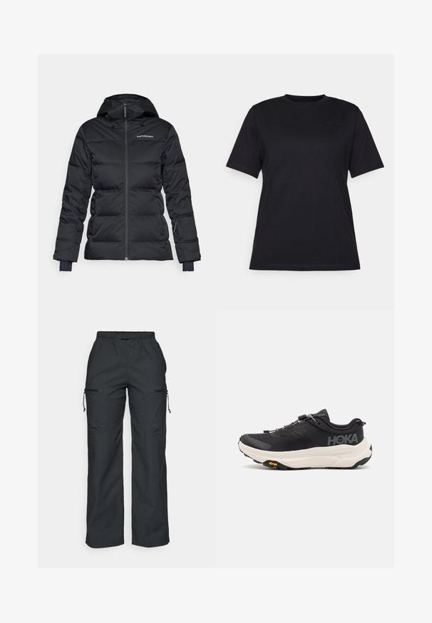 Schwarz gepolsterte Jacke mit Kapuze, ausgestattet mit einem Reißverschluss vorne und elastischen Bündchen. Hergestellt aus einem strapazierfähigen Stoff mit glatter Textur.; Schwarzes T-Shirt mit kurzen Ärmeln aus glattem Baumwollstoff, mit einem Rundhalsausschnitt und dezentem erhabenem Logo auf der linken Seite.; Peak Performance CARGO PANTS - Outdoor-Hose - black; Schwarze Sportschuhe mit einem atmungsaktiven Mesh-Obermaterial, Gummisohle, weißem dämpfenden Zwischensohle und reflektierenden Schnürsenkeln. Vibram-Logo auf der Sohle.