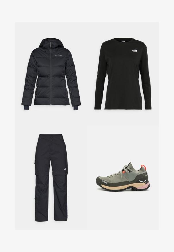 Black padded jacket with a hood, featuring a front zipper and elastic cuffs. Made of durable fabric with a smooth texture.; Black long-sleeve t-shirt made of cotton with a round neck. Features a small white logo on the left chest area. Simple design and fit.; Black nylon zip-off cargo trousers with adjustable cuffs, multiple pockets, and a logo on the right leg. Smooth, lightweight texture.; Lightweight green hiking shoe with mesh and rubber materials, black traction outsole, pink and orange accents, and reinforced toe cap.