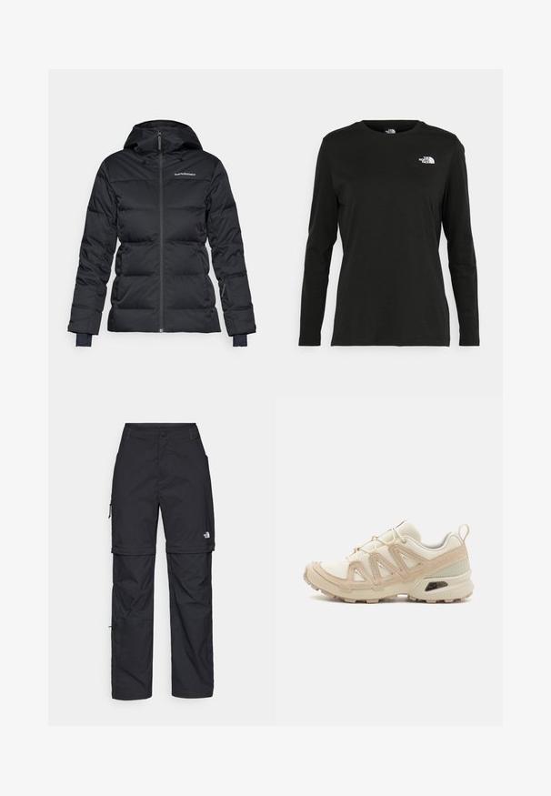 Black padded jacket with a hood, featuring a front zipper and elastic cuffs. Made of durable fabric with a smooth texture.; Black long-sleeve t-shirt made of cotton with a round neck. Features a small white logo on the left chest area. Simple design and fit.; Black nylon zip-off cargo trousers with adjustable cuffs, multiple pockets, and a logo on the right leg. Smooth, lightweight texture.; Beige and cream athletic shoe with textured mesh upper, supportive overlays, and rubber outsole featuring a tread pattern for traction.