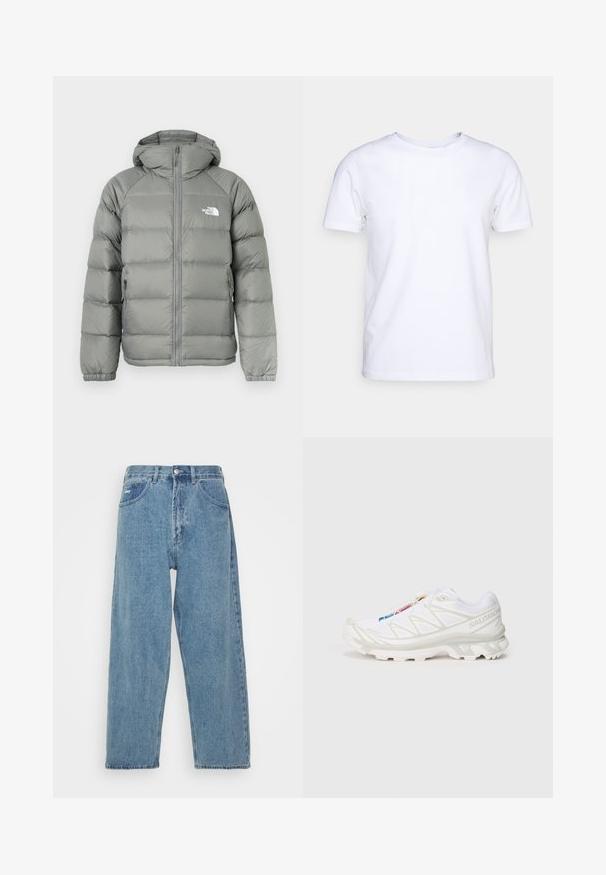 Šedá péřová bunda s kapucí, vybavená zipem a žebrovanými manžetami. Materiál má hladkou texturu s jemným leskem. Logo na hrudi.; Bílý krátký rukáv bavlněné tričko s kulatým výstřihem. Jednoduchý design bez vzorů nebo detailů. Hladká textura.; Svetle modré džíny s vysokým pasem a uvolněným střihem, vybavené dvěma předními kapsami, jednou zadní kapsou a zapínáním na knoflík.; Bílé sportovní boty s texturovaným síťovaným svrškem, reflexními akcenty a polstrovanou podešví. Výrazné logo značky na boku.
