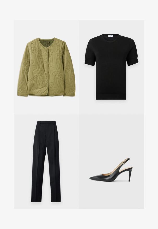 Chaqueta acolchada de color verde oliva con cuello redondeado, botones frontales, dos bolsillos laterales y un patrón de costura ondulado. Textura de tela suave.; Top negro de manga corta tejido con cuello redondo. Presenta detalles sutiles acanalados en las mangas y el dobladillo, confeccionado con una tela suave.; Pantalones negros de tela suave con cintura alta, piernas amplias, pliegues frontales y lazos de cinturón clásicos. No hay bolsillos laterales visibles.; Tacones altos negros de cuero con tirantes, punta afilada, correa ajustable y un elegante tacón de aguja, con un acabado suave.