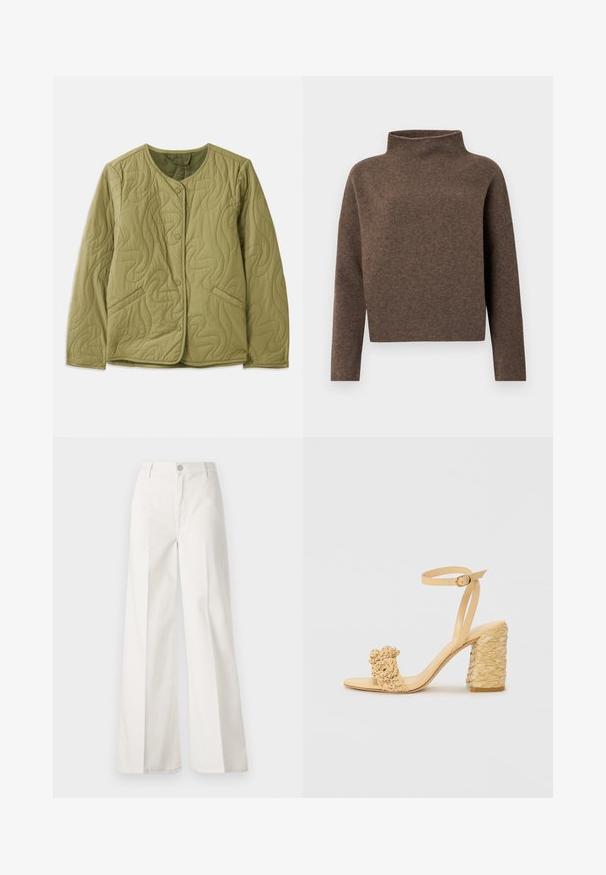 Quiltana maslinasto zelena jakna s okruglim izrezom, prednjim gumbima, dva bočna džepa i valovitim šavovima. Meka tekstura tkanine.; Smeđi, skraćeni džemper s visokim, preklopnim okovratnikom, dugim rukavima i mekim, teksturiranim materijalom. Minimalistički dizajn bez vidljivih metalnih dijelova.; Bijele široke hlače izrađene od pamuka s glatkom teksturom. Imaju prednji gumb, patentni zatvarač i dizajn s četiri džepa.; Bež sandala s visokom potpeticom, s pletenom teksturom, ukrašena cvijetom i remenom oko gležnja. Kvadratna potpetica dodaje stabilnost.