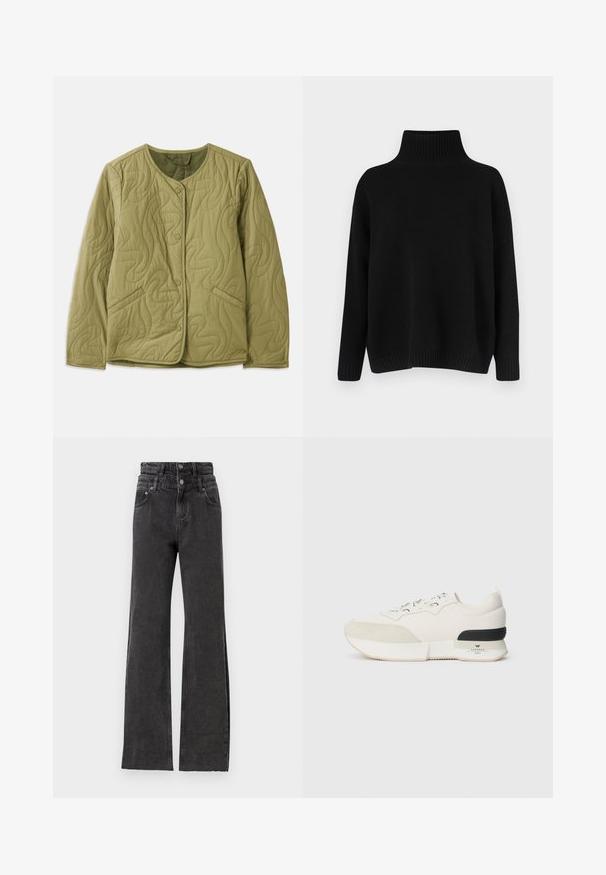 Giacca oliva trapuntata con scollo rotondo, bottoni frontali, due tasche laterali e motivo a zigzag cucito. Tessuto morbido.; Maglione nero lavorato a maglia con collo alto a coste, spalle scese e vestibilità morbida. Presenta polsini e orlo a coste per una texture particolare.; Jeans neri a vita alta con un design a gamba dritta, dettagli leggermente strappati e chiusura con bottone in metallo in vita.; Sneaker bianca con una punta in suede testurizzato, parte superiore in mesh liscia, lacci decorativi e un accento sul tallone in gomma nera.