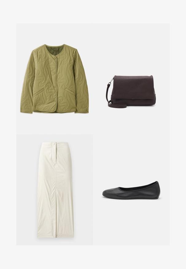 Mīksta, olīvzaļā krāsa, kvadrātveida jaka ar noapaļotu dekoltē, priekšējām pogām, divām sānu kabatām un viļņotām šuvēm. Mīksts auduma tekstūras.; Melna pogu krekla blūze ar kakla saites detaļu, teksturētu audumu, garām piedurknēm un mežģīņu apdari apakšmalā. Pogu virsma ir melna un spīdīga.; Gai bēšas krāsas, līdz ceļiem garš svārki, izgatavoti no gludas, teksturētas auduma. Piedāvā priekšējo slit un pogu aizdari jostasvietā.; Melna ādas baleta kurpe ar noapaļotu purngalu, gludu tekstūru, minimālu šuvju detalizāciju un elastīgu zoles dizainu.; Tiger of Sweden LIMBIATE UNISEX - Soma ar siksnu pāri ķermenim - pure decadence