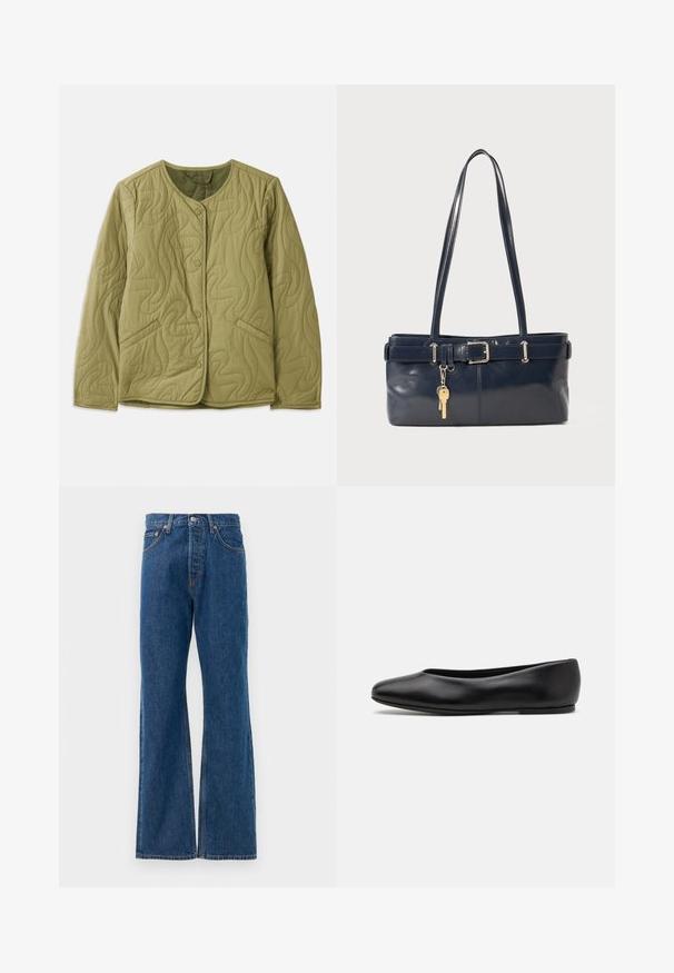 Quilted olive green jacket with rounded neckline, front buttons, two side pockets, and wavy stitched pattern. Soft fabric texture.; Striped button-up shirt with a white base, featuring narrow multi-colored lines in blue, orange, and green. Long sleeves and a classic collar.; Blue denim flared jeans with a high waist, featuring five pockets, a silver button closure, and visible stitching accents.; Paul Smith TOPANGA - Ballet pumps - black; Navy leather handbag with two long handles, a buckle detail, and a keychain attached. Features a smooth texture and a rectangular shape.