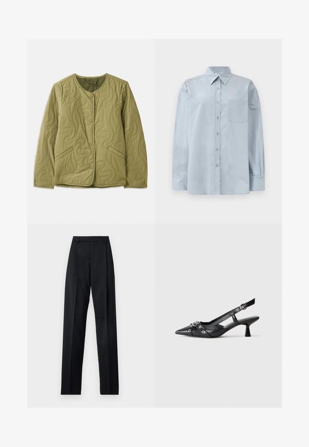 Casaco acolchoado verde-olive com decote arredondado, botões frontais, dois bolsos laterais e padrão de costura ondulada. Textura de tecido macio.; Camisa azul claro de manga longa, com colarinho pontudo e bolso no peito, disposta em cima de um fundo branco.; Calças pretas feitas de um tecido suave, com uma cintura alta, pernas largas, pregas frontais e passadores de cinto clássicos. Não há bolsos laterais visíveis.; Sapato slingback em couro preto com biqueira fina, tiras decorativas com ilhós de metal e um pequeno salto quadrado. Superfície texturizada.