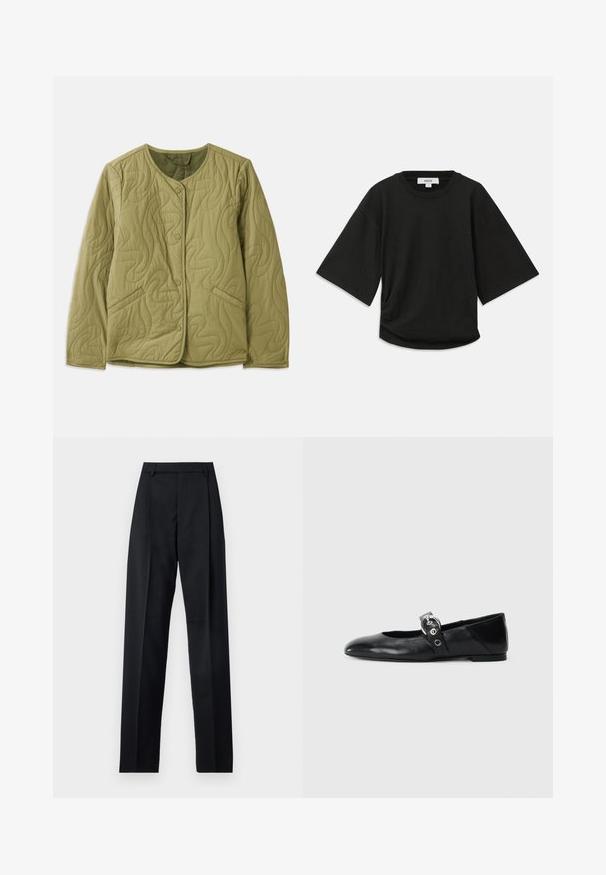 Quiltad olivgrön jacka med rundad halsringning, framknappar, två sidofickor och vågigt broderat mönster. Mjuk tygtextur.; Svart kortärmad t-shirt i mjuk bomull, med rund halsringning och en avslappnad passform samt en diskret rynkad detalj på sidan.; Svarta byxor i mjukt tyg med hög midja, vida ben, framfickor och klassiska bältesöglor. Inga sidofickor synliga.; Svarta läderballetskor med spetsig tå, med en rem som har en rund metallspänne och en platt sula.