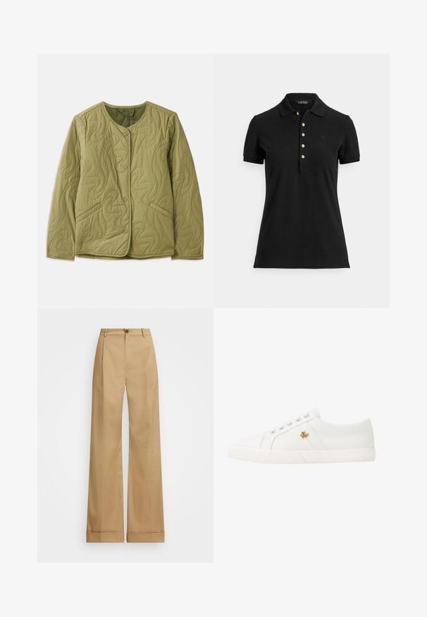 Pikowana oliwkowozielona kurtka z okrągłym dekoltem, z przodu na guziki, z dwiema bocznymi kieszeniami oraz falistym wzorem przeszycia. Miękka tekstura materiału.; Czarna koszulka polo wykonana z teksturowanej tkaniny, z kołnierzykiem, krótkimi rękawami oraz plisą zapinaną na złote guziki. Subtelne logo na wysokości piersi.; Beżowe spodnie o szerokich nogawkach z zapięciem na guzik, charakteryzujące się gładką teksturą i wyprasowanymi fałdami. Dodatkowo z mankietami dla lepszego wykończenia.; Lauren Ralph Lauren JANSON II CANVAS SNEAKER biały