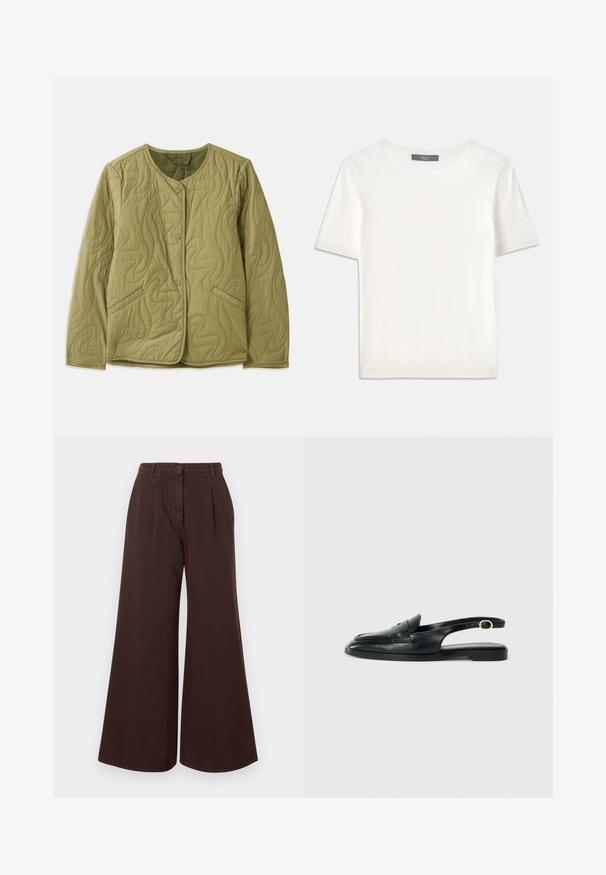 Quilted olive green jacket with rounded neckline, front buttons, two side pockets, and wavy stitched pattern. Soft fabric texture.; White short-sleeve knit top with a round neckline, featuring a smooth texture and subtle ribbed accents at sleeves and hem.; High-waist wide-leg brown pants with button and zipper closure, belt loops, and front pleats.; Black leather slingback shoe with a rounded toe, flat sole, side cutout, and strap featuring a gold-tone hardware detail.