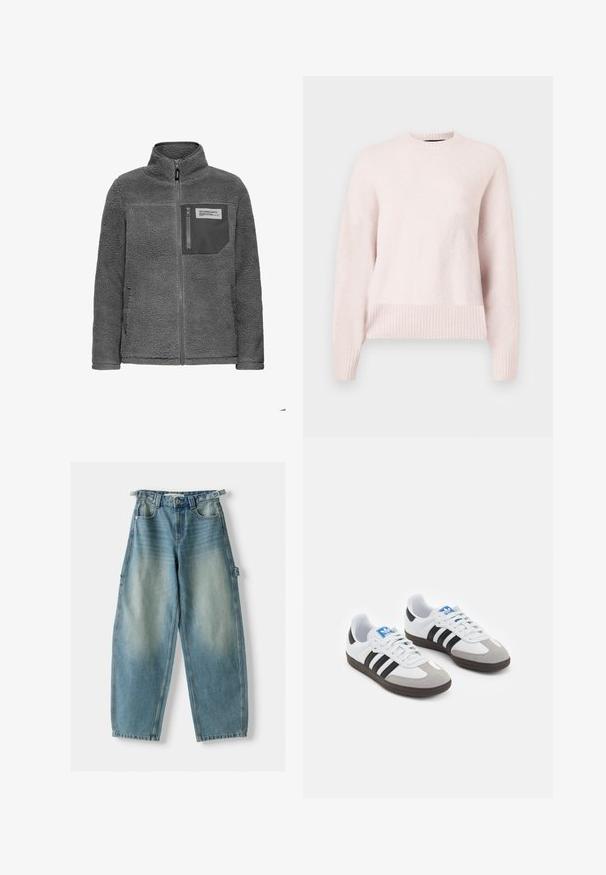 Giacca in pile grigio scuro con zip frontale completa, colletto alto, tasche laterali e tasca sul petto con zip e etichetta in tessuto.; Maglione rosa chiaro con scollatura rotonda e polsini a coste. Il tessuto sembra morbido e accogliente, adatto per un abbigliamento casual.; Jeans in denim azzurro chiaro a vita alta con una vestibilità ampia. Le caratteristiche includono chiusura con bottone, passanti per cintura e tasche laterali.; Scarpe sportive con tomaia in pelle bianca, punta in suede grigia e tre strisce nere. Presentano un logo blu sulla linguetta e una suola in gomma testurizzata.