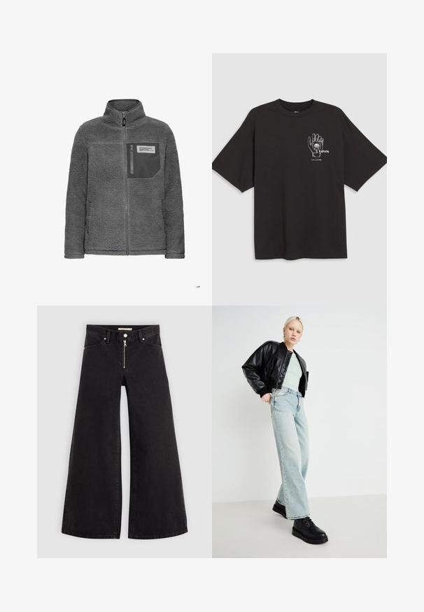 Tmavosivá flísová bunda s celoprepínacím zipsom, vysokým golierom, bočnými vreckami a vreckom na hrudi so zipsom a textilnou nálepkou.; Čierne bavlnené tričko s krátkymi rukávmi, s grafickým prvkom ruky a textom "Levi's LA LUNE" v bielej farbe na ľavej strane hrude.; Dlhé nohavice vo voľnom strihu z čierneho denimu so zipsom vpredu, päť vrecúškovým dizajnom a jemnými stehovými detailmi. Hladká textúra a neformálny štýl.; Čierna kožená bombere, mätovo zelená košeľa, svetlomodré široké nohavice a čierne šnurovacie topánky, umiestnené na minimalistickom pozadí.