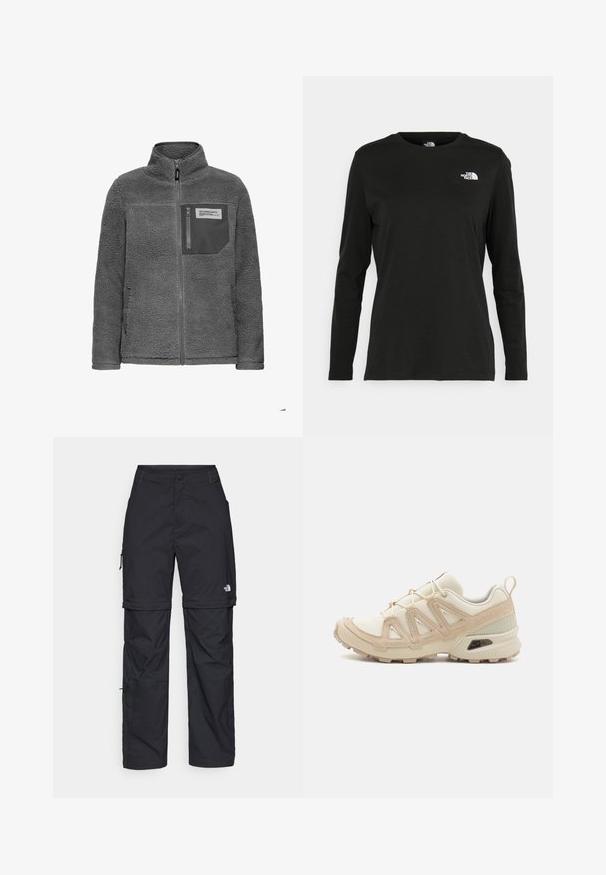 Tamsiai pilka fliso striukė su visiškai užtrauktuku, aukštu apykakle, šoninėmis kišenėmis ir kišenė su užtrauktuku ant krūtinės su audinio etikete.; Juodas ilgomis rankovėmis medvilninis marškinėliai su apvali apykakle. Savybė - mažas baltas logotipas kairėje krūtinės pusėje. Paprastas dizainas ir pritaikymas.; Juodos nailoninės krovinių kelnės su reguliuojamais rankovėmis, daugybe kišenių ir logo ant dešinės kojos. Lygi, lengva tekstūra.; Bežinės ir kreminės spalvos sportinės bateliai su tekstūruoto tinklelio viršutine dalimi, palaikančiomis detalėmis ir guminiais padais, turinčiais raštą, užtikrinantį sukibimą.