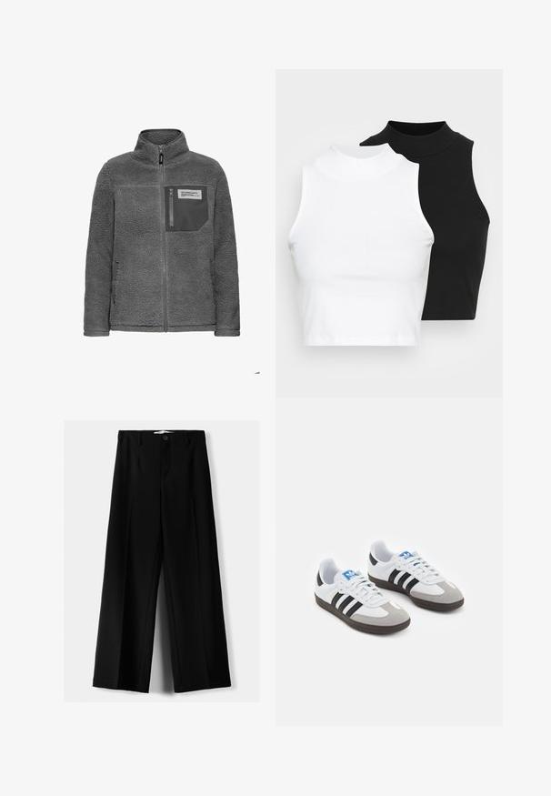 Dunkelgraue Fleecejacke mit durchgehendem Reißverschluss, hohem Kragen, Seitentaschen und einer Brusttasche mit Reißverschluss sowie einemstofflabel.; Zwei ärmellose, gerippte Rollkragenoberteile in Schwarz und Weiß, mit einer figurbetonten Passform und glatter Textur sowie einer cropped Länge.; Schwarze weite Hosen aus leichtem Stoff, mit einem Knopfverschluss vorne und flachem Bund, mit sorgfältig genähten Säumen.; Sportschuhe mit einem Obermaterial aus weißem Leder, grauer Wildleder-Zehenkappe und drei schwarzen Streifen. Sie verfügen über ein blaues Logo auf der Zunge und eine strukturierte Gummisohle.
