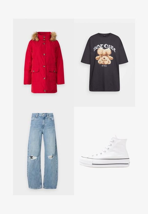 Piros párnázott dzseki, bunda bélelt kapucnival, elülső gombos záródással, két nagy zsebbel, és sima, fényes felülettel.; Fekete, oversized póló, rajta egy medvével és a "NEM CUKI, HANEM FÉKTELEN" felirattal vastag, fehér betűkkel. Pamut anyag.; Világoskék, magas derekú farmernadrág. Széles lábakkal, két szakadt térddel és klasszikus öt zsebes dizájnnal rendelkezik.; Fehér magaskorsó vászon sportcipő fekete gumi talppal, elülső gumi orrnyereggel és hat fűzőlyukkal, letisztult, minimalista dizájnnal.