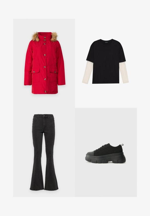 Rdeča oblazinjena jakna s kapuco obrobljeno s krznom, ki ima sprednje zapiranje z gumbi, dve veliki žepni zaklopki in gladko, sijajno površino.; Črna majica iz bombaža s kratkimi rokavi, ki pokriva belo dolgi rokav z subtilnim teksturiranim vzorcem. Oblika izrezanega vratu.; Črne flare jeans hlače z visokim pasom, ki imajo stranske šive in čist zaključek na robu. Tkanina ima gladko teksturo z rahlo raztegljivostjo.; Črne teniske z debelim gumijastim podplatom, zgornji del iz teksturirane tkanine, okrogla punta in zavezovanje z vrvicami. Vključujejo ojačane luknje za vrvice in zanko na hrbtu.