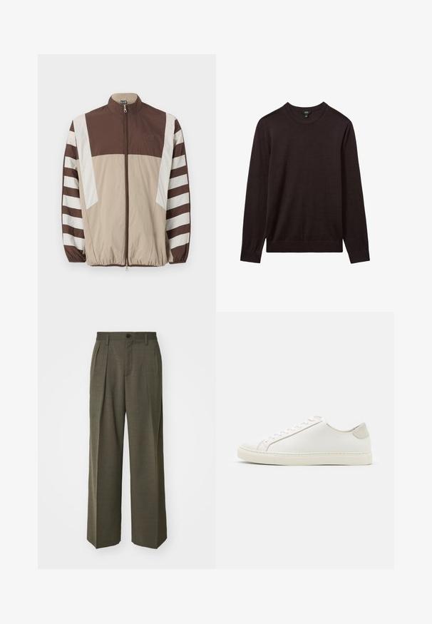 Jachetă de vânt maro și bej cu dungi albe, guler înalt, închidere cu fermoar, manșete elastice și un logo pe pieptul stâng.; Reiss Pulover - dark bordeaux; Filippa K WIDE TROUSERS - Pantaloni - driftwood; Tenisii albi din piele cu o suprafață netedă, vârf rotund și un design minimalist. Prezintă accente bej pe toc și o talpă din cauciuc.