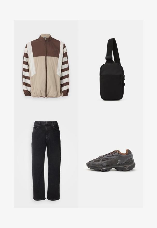 Jachetă de vânt maro și bej cu dungi albe, guler înalt, închidere cu fermoar, manșete elastice și un logo pe pieptul stâng.; Două tricouri negre din bumbac, cu mâneci scurte și guler rotund. Ambele au o etichetă de marcă roșie la guler. Design simplu, clasic.; Jeans negri din denim cu croială dreaptă, cinci buzunare și cusături contrastante. Au închidere cu nasture și bucle pentru curea pe talie.; Adidași Lacoste de culoare gri închis, din material mesh și sintetic, cu o talpă texturată și accente maronii pe guler și branding.; Geantă crossbody neagră, confecționată dintr-un material rezistent, dotată cu o curea ajustabilă, un compartiment principal cu fermoar și o buzunar frontal.