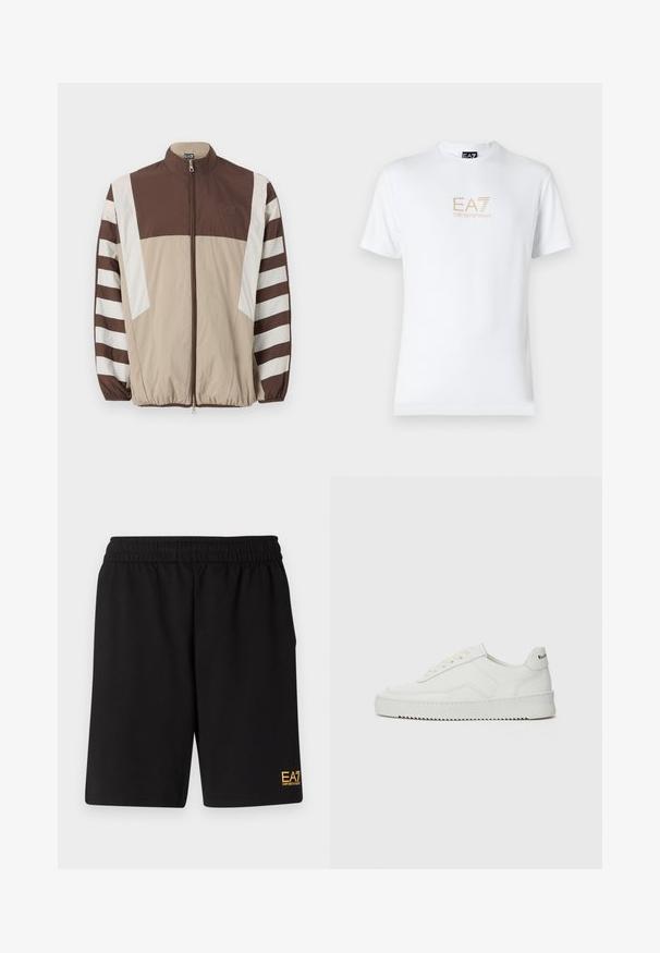 Brown and beige windbreaker jacket with white stripes, high collar, zip closure, elastic cuffs, and a logo on the left chest.; White cotton t-shirt featuring a round neckline and short sleeves, with a gold EA7 Emporio Armani logo printed on the front.; Black athletic shorts made of soft fabric,Featuring an elastic waistband and a small yellow EA7 logo on the lower left leg.; White leather sneaker with a smooth finish, round toe, flat laces, and a textured sole. Features a subtle logo on the heel.