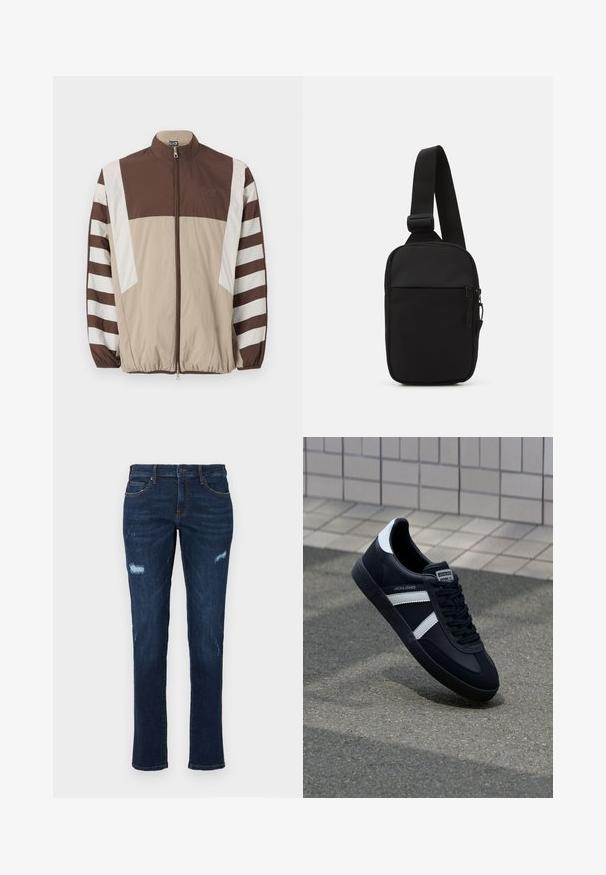 Smeđa i bež jakna protiv vjetra s bijelim prugama, visokim ovratnikom, patentnim zatvaračem, elastičnim manžetama i logotipom na lijevoj strani prsnog koša.; Plavi kratki rukav majica, izrađena od pamuka, s okruglim izrezom i opuštenim krojem. Glatka tekstura, minimalistički dizajn, bez uzoraka ili akcenta.; Tamno plavi traperice ravnog kroja s iznošenim rupama na koljenima, tradicionalnim džepovima i vidljivim kontrastnim šavovima.; Crne kožne tenisice s bijelim prugama, strukturirana gumena potplate i vezanjem sprijeda. Ima oznaku brenda na jeziku.; Crna torba preko tijela napravljena od izdržljive tkanine, s jednim podesivim remenom, glavnim odjeljkom na patentni zatvarač i prednjim džepom.