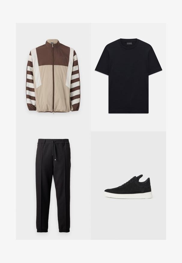 Smeđa i bež jakna protiv vjetra s bijelim prugama, visokim ovratnikom, patentnim zatvaračem, elastičnim manžetama i logotipom na lijevoj strani prsnog koša.; Crna majica kratkih rukava s okruglim izrezom, s blagim reljefnim logotipom smještenim u središtu prsnog dijela i oznakom branda unutar ovratnika.; Crne hlače s pojasom, vezicom i elastičnim rubovima. Imaju nabore i glatku, teksturiranu tkaninu.; Crne nubuk tenisice s bijelim gumenim potplatom, s toniranim šavovima i dizajnom vezanja. Glatka tekstura s modernim, strujnim oblikom.