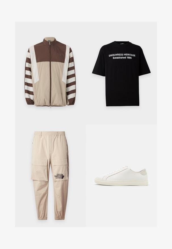 Pruun ja beež tuulekindel jakk valgete triipudega, kõrge kaelusega, lukuga kinnitamine, elastsete mansettidega ja logo vasakul rinnal.; Must soeäriga must T-särk puuvillast, ümar kaelus, mille esiküljel on valge kiri: "DSQUARED2 HERITAGE Asutatud 1995".; Beežid cargo püksid, mis on valmistatud kergest kangast, elastse vöökohtaga, vetthülgavate taskutega ja trükitud logoga vasakul säärel.; Valge nahast sneaker, millel on sile pind, ümar varvas ja minimalistlik disain. Omab beeže aktsente kontsas ja kummist tallat.