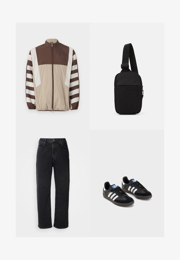 Ruda ir smėlinė vėjara su baltais dryžiais, aukšta apykakle, užtrauktuku, elastiniais rankogaliais ir logotipu kairėje krūtinės pusėje.; Balta medvilninė marškinėliai trumpomis rankovėmis su daugiakcoloriu grafiniu spaudiniu, vaizduojančiu futbolo šalmas ir tekstu "1972 PASAULIO ČEMPIONAI."; Juodi džinsai su tiesia siluetu, penkiais kišenėmis ir kontrastingomis siūlėmis. Su sagčių uždarymu ir diržo kilpomis ant liemens.; Juodi sportiniai bateliai su zomšos ir sintetine viršutine dalimi, turintys tris baltas juosteles, tekstūruotą gumos pado paviršių ir mėlyną logotipo etiketę ant liežuvėlio.; Juodas per petį nešiojamas krepšys, pagamintas iš patvarios medžiagos, su vienu reguliuojamu diržu, užtrauktuku užsidarančia pagrindine kišene ir priekyje esančia kišene.