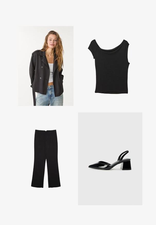 Sort dobbeltknappet trenchcoat med overdimensionerede knapper, skulderklapper og bælte, parret med en hvid top og lyseblå jeans.; Sort kortærmet top lavet af glat stof; har en draperet halsudskæring og en asymmetrisk kant, med en tætsiddende pasform.; Sorte bukser med lige pasform, der har frontlommer og slidser i kanten. Lavet af blødt, glat stof. Velegnet til forskellige anledninger.; Sorte patentlæder slingback hæle med spids tå og en geometrisk blok hæl. Har et elegant, minimalistisk design og en glat tekstur.