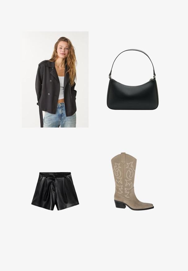 Černý dvojřadý trench coat s velkými knoflíky, ramenními epauletami a opaskem, spárovaný s bílým topem a světle modrými džínami.; Dvě bezramínkové topy: jeden má hnědo-krémový abstraktní zvířecí potisk, zatímco druhý je čistě černý. Oba jsou vyrobeny z měkké tkaniny.; Černé kožené kraťasy se zvýšeným pasem, záhyby na přední straně a bočními kapsami. Hladká textura s lesklým povrchem.; PULL&BEAR Kovbojské/motorkářské kozačky - taupe; Černá kožená kabelka přes rameno s zakřiveným tvarem, jedním plochým popruhem a svrchním zipovým uzávěrem. Hladká textura s minimem kovových detailů.