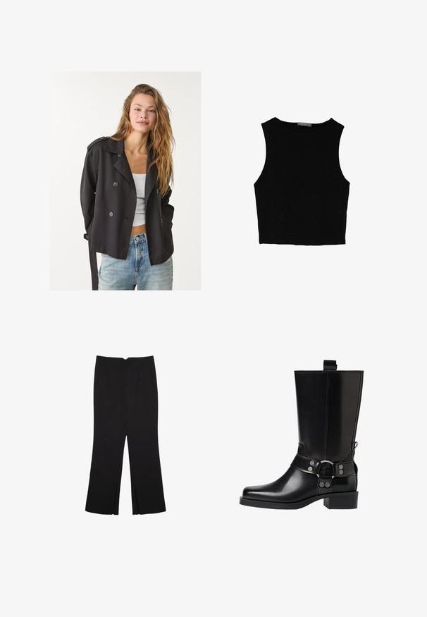 Black double-breasted trench coat with oversized buttons, shoulder epaulettes, and a tie belt, paired with a white top and light blue jeans.; Black sleeveless crop top made of smooth fabric, featuring a round neck and a clean, simple design without patterns or hardware.; Black trousers with a straight fit, featuring front pockets and side slits at the hem. Made of soft, smooth fabric. Suitable for various occasions.; Black leather knee-high boot with a pointed toe, silver buckle accents, and a chunky heel. Features a pull tab for easy wear.