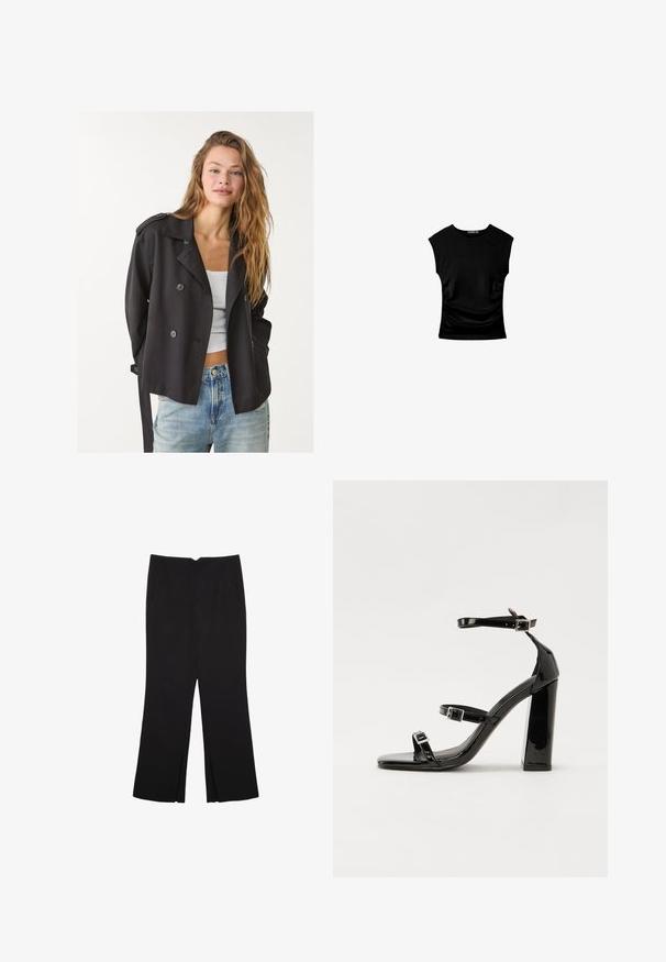 Czarny, dwurzędowy trencz z oversizedowymi guzikami, naramiennikami i paskiem, połączony z białą bluzką i jasnoniebieskimi dżinsami.; Czarny top z krótkim rękawem o dopasowanym kroju, z marszczonymi detalami po bokach oraz gładkim, elastycznym materiałem dla komfortu.; Czarne spodnie o prostym kroju, z przednimi kieszeniami i bocznymi rozcięciami na dole. Wykonane z miękkiego, gładkiego materiału. Odpowiednie na różne okazje.; Czarne lakierowane sandały na obcasie z kwadratowym noskiem, z paskami wokół kostki i srebrnymi klamrami. Posiadają masywny słupek dla stabilności.