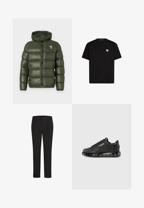 Alyvuogių žalumos pūkinė striukė su kapišonu, priekinis užtrauktukas, šoninės kišenės su užtrauktuku ir mažas veikėjo logotipas su saulės akiniais ant krūtinės.; Juodas medvilninis marškinėliai su trumpomis rankovėmis, apvaliu iškirpimu ir mažos baltos širdelės grafika kairėje krūtinės pusėje.; Juodi kelnių su elastinga juosmena, tiesaus kirpimo ir sukurtomis rankovėmis. Pagaminti iš lygaus, audinio be raštų.; Juodi sportiniai bateliai su lygiu odiniu apdailu, suapvalintu nosiu ir raištelių dizainu. Ypatybės apima skaidrų, paminkštintą pado su tamsiu gradientu.