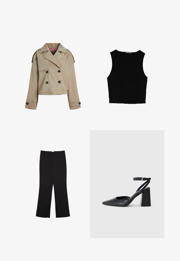 Zkrácený béžový trenčkot s dvouvrstvým designem, velkými klopami, černými knoflíky a ramenními epauletami. Měkká, hladká textura.; Černý bezsleeve crop top vyrobený z hladké tkaniny, s kulatým výstřihem a čistým, jednoduchým designem bez vzorů nebo kovových doplňků.; Černé kalhoty s rovným střihem, s předními kapsami a bočními rozparky na lemu. Vyrobené z jemné, hladké tkaniny. Vhodné na různé příležitosti.; Černé kožené lodičky se špičatou špičkou, kotníkovým páskem a silným podpatkem. Hladká textura, elegantní design a minimalistická estetika.