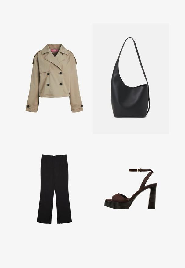 Manteau beige coupé avec un design à double boutonnage, grands revers, boutons noirs et épaulettes. Texture douce et lisse.; Haut court à manches longues noir avec encolure ronde, design uni et ourlet légèrement arrondi.; Pantalon noir avec une coupe droite, doté de poches avant et d'éclairs sur l'ourlet. Fabriqué en tissu doux et lisse. Convient à diverses occasions.; Sandale à talons hauts en suede marron avec un bout ouvert, une bride de cheville réglable et une semelle de plateforme rayée.; Sac hobo en cuir noir avec une texture lisse, une forme incurvée et une seule sangle réglable ; dispose d'une large ouverture en haut.