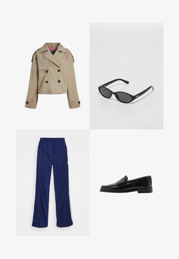 Afskåret beige trenchcoat med dobbeltbrystet design, brede revers, sorte knapper og skulderepauleter. Blød, glat tekstur.; Hvid langærmet T-shirt lavet af bomuld med rund hals og enkelt design, med en jævn tekstur og ingen synlige mønstre eller accenter.; Marineblå træningsbukser med elastisk talje, lige ben og sidelommer med lynlås. Har hvid piping langs siderne. Glat stofstruktur.; Sort læderloafer med en buet silhuet, dekorativ rem, tekstureret syning og en flad gummisål. Glat overflade og elegant design.; Sorte solbriller med rundede linser, blank plastisk stel og "QUAY" logo i guld på siden. Har mørke tonede linser.