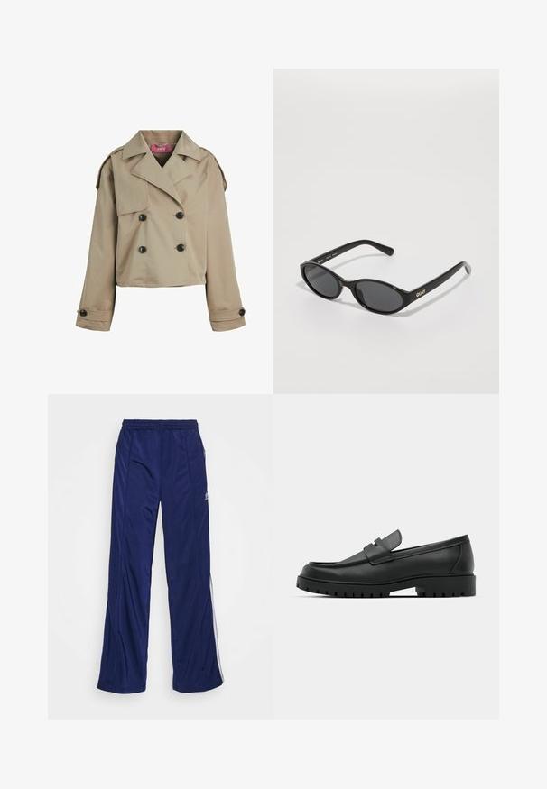 Beige trenchcoat, tailliert mit einem Doppelreiher, großen Revers, schwarzen Knöpfen und Schulterepauletten. Weiche, glatte Textur.; Langärmliges weißes T-Shirt aus Baumwolle, mit Rundhalsausschnitt und schlichtem Design, gleichmäßiger Textur und ohne sichtbare Muster oder Akzente.; Marineblaue Sporthose mit elastischem Bund, geraden Beinen und seitlichen Reißverschlüssen. Mit weißen Paspeln an den Seiten. Glatte Stoffstruktur.; Schwarze Lederloafer mit runder Zehenform, ausgestattet mit einem gesteppten Design, niedrigem Plattformsohle und einer strukturierten, genoppten Gummisohle.; Schwarze Sonnenbrille mit runden Gläsern, glänzender Kunststofffassung und goldfarbenem "QUAY"-Logo an der Seite. Mit dunkel getönten Gläsern.; Schwarze Lederhandtasche mit geflochtenen Griffen, Reißverschlussfach und hängenden Quasten. Strukturiert Oberfläche mit Metallnieten und Hardware-Akzenten.; Ein Anhänger-Halskette mit einem strukturierten, metallischen Silberquadrat-Anhänger an einem schwarzen Band. Hervorzuhebende Details sind filigrane Muster und eine glatte Oberfläche.