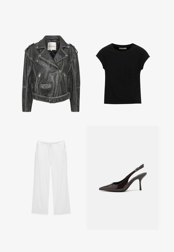 Crna kožna motociklistička jakna s više zatvarača, pojasom u struku, epauletama na ramenima i unutrašnjošću obloženom satenskim materijalom.; Crna majica kratkih rukava s okruglim izrezom. Izrađena od glatkog, rastezljivog pamučnog materijala. Jednostavan dizajn bez uzoraka ili grafika.; Bijele široke hlače izrađene od mekanog materijala, s elastičnom gumom u struku i vezicom, te dva bočna džepa. Jednostavan i uredan dizajn.; Sandalice na visokom potpetici od sjajnog tamnosmeđeg lakiranog kože, s oštrim vrhom, otvorenim stranama i podesivom naramenicom.