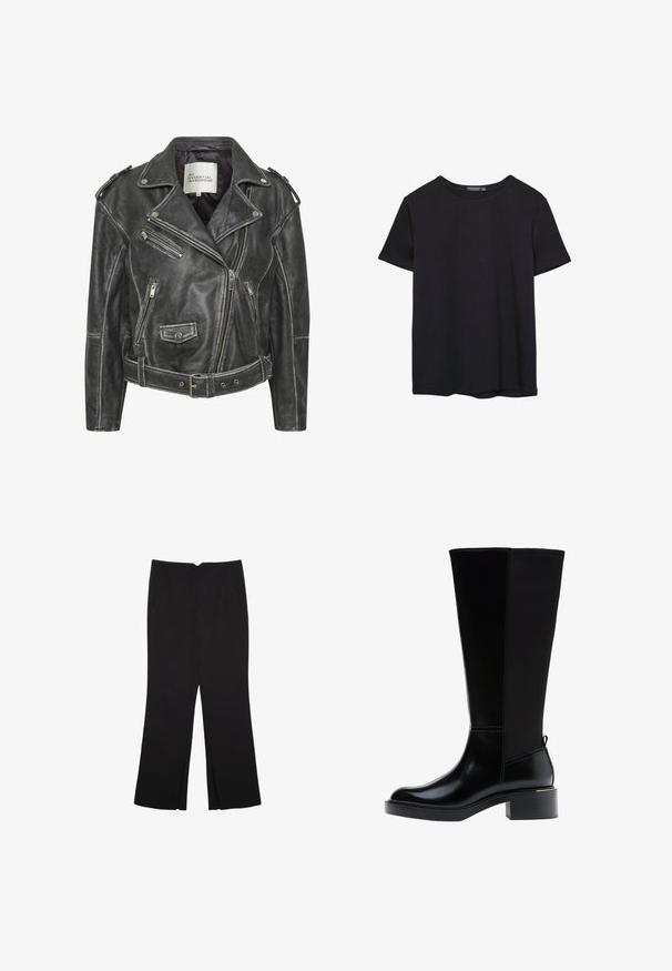 Černá kožená motorkářská bunda s několika zipy, opaskem v pase, epaulety na ramenou a saténovou podšívkou.; Jednoduché černé bavlněné tričko s krátkým rukávem a kulatým výstřihem, vystavené na bílém pozadí.; Černé kalhoty s rovným střihem, s předními kapsami a bočními rozparky na lemu. Vyrobené z jemné, hladké tkaniny. Vhodné na různé příležitosti.; Černá kozačka ke kolenu z hladké kůže, s výrazným prošíváním, robustním podpatkem a texturovaným zadním panelem pro větší zajímavost.