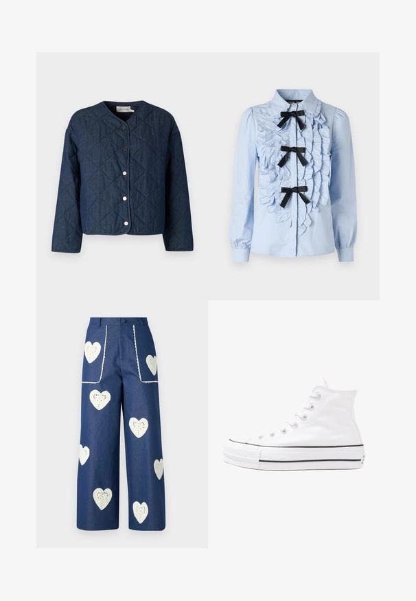 Mørkeblå quiltet jakke med rund hals, lange ermer og trykknapper foran. Laget av denimstoff med en teksturert mønster.; Lys blå langermet skjorte med volanga detaljer foran, tre svarte bånddetaljer og klassisk krage. Glatt bomullsstoff.; Sister Jane HEART TO HEART - Jeans straight leg - blue denim; Hvit høy-skinn kanvas sneakers med svart gummisåle, gummitåhette foran og seks hull for snorer, med et rent, minimalistisk design.