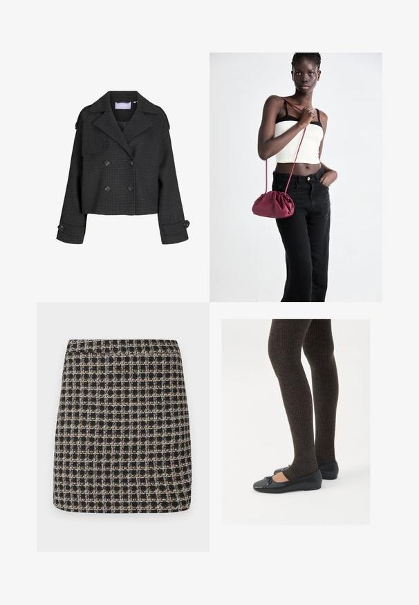 Kurt, dobbeltradet jakke i mørkt rutete stoff. Har fremtredende krager, frontlommer med klaff og store svarte knapper på ermene.; Svart langermet bluse for kvinner med spiss krage, skjulte frontknapper, tilpasset midje og utsvinget fald og mansjetter.; Svart og beige rutete miniskjørt med teksturert vev og en jevn linning, med en strukturert passform og enkelt design.; Sorte flate sko med en liten sløyfedetalj på tåen, kombinert med mørkebrune ribbede strømpebukser. Skoene har en glatt overflate og lav profil.; Burgunderfarget myk stoffhåndveske med en samlet design og en lang stropp, båret som en crossover. Modellen har på seg en hvit crop-top og svarte jeans.
