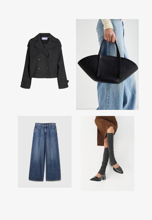 Cropped, double-breasted jacket in dark checkered fabric. Features prominent lapels, front flap pockets, and large black buttons on sleeves.; White ribbed tank top featuring a black embroidered logo centered on the chest. The neckline and armholes are finished with a subtle binding.; Wide-leg blue denim jeans with a faded finish, featuring a button and zipper closure, five pockets, and belt loops.; Black patent leather pointed-toe shoes with a block heel and ankle strap, paired with gray ribbed leg warmers and a brown suede skirt.; Black leather handbag with a unique fan shape, featuring flat handles. The surface has a pebbled texture and a minimalistic design.