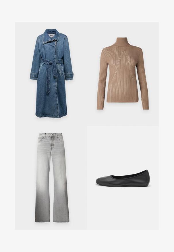 Trench coat din denim albastru cu talie cu curea, guler mare, mâneci lungi și detalii cusute. Include buzunare laterale și croială dreaptă.; Pulover bej cu guler înalt, cu textură canelată și mâneci lungi, având un model de cusătură tridimensională pe față pentru un plus de detaliu.; Blugi din denim gri, cu croi larg, talie înaltă, textură estompată, cinci buzunare și fermoar cu sistem de închidere cu buton.; Balerini din piele neagră, cu vârf rotund, textură netedă, detalii de cusătură minimale și un design al tălpii flexibil.