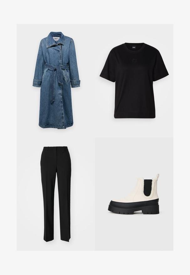 Zila denim mantiya ar jostu vidukli, lielu apkakli, garām piedurknēm un izšūtu detaļu. Satur sānu kabatas un taisnu piegriezumu.; Melna kokvilnas T-krekls ar apaļu izgriezumu, īsām piedurknēm un izšūtu logotipu uz krūtīm. Vienkāršs, brīvs piegriezums bez rakstiem.; Melnas pielāgotas bikses ar taisnu kāju dizainu, kas raksturojas ar gludu faktūru un asiem krokām pa priekšu. Nav redzamu metāla detaļu.; Masīvu platformas potīšu zābaku dizains ar baltu augšdaļu, melnu gumijas zoli un kontrastējošām melnām elastīgām sānu paneļiem. Augšējā mala rotāta ar mākslīgo kažoku.